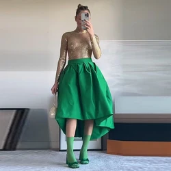Green Satin High Low Skirt Elegant Women Fashion A Line Skirt Wedding Party Formal Wear High Waist Lady Skirt
