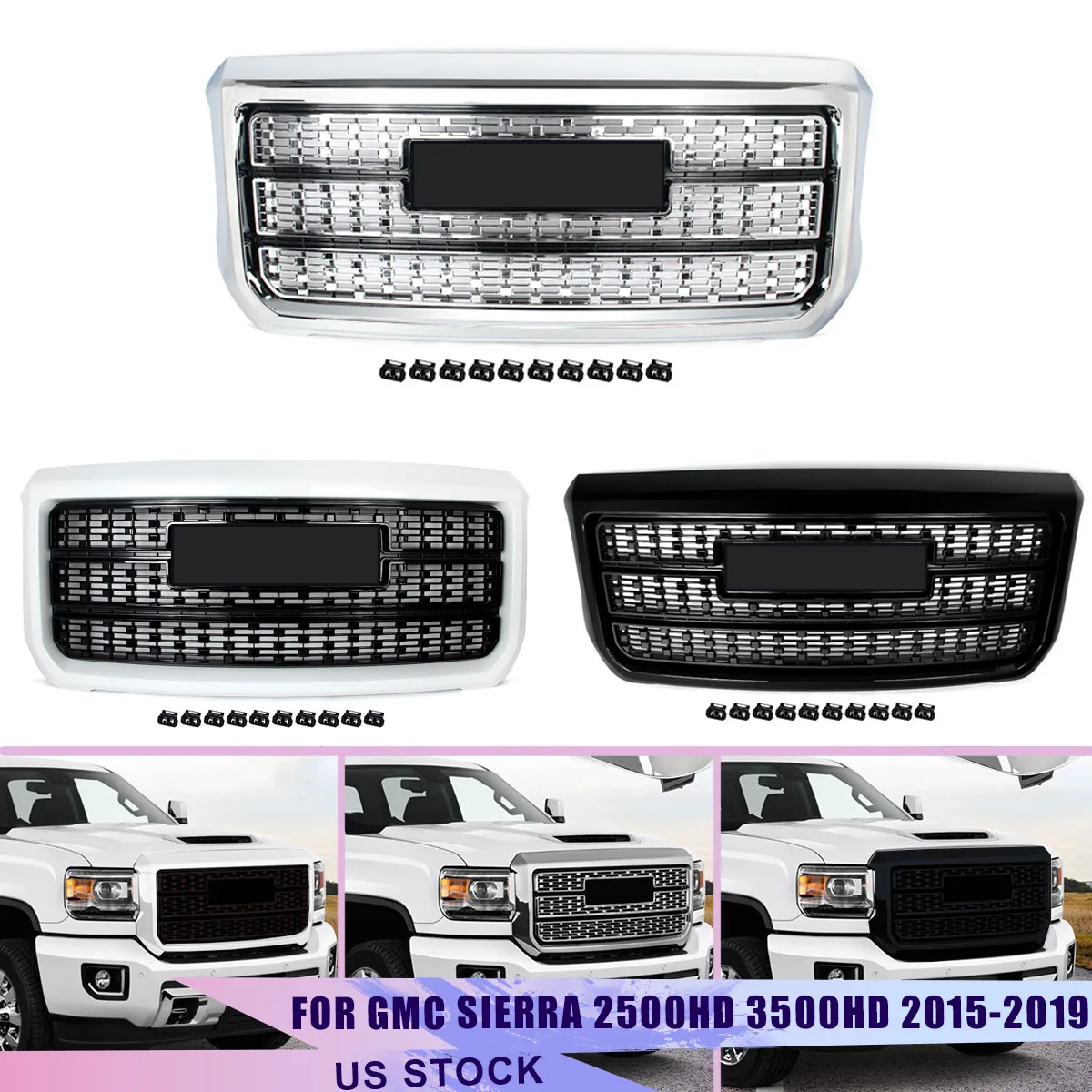 

Magickit for GMC Sierra 2500HD 3500HD 2015 2016 2017 2018 2019 Front Centre Grille Bumper Upper Hood Grille Honeycomb Grill