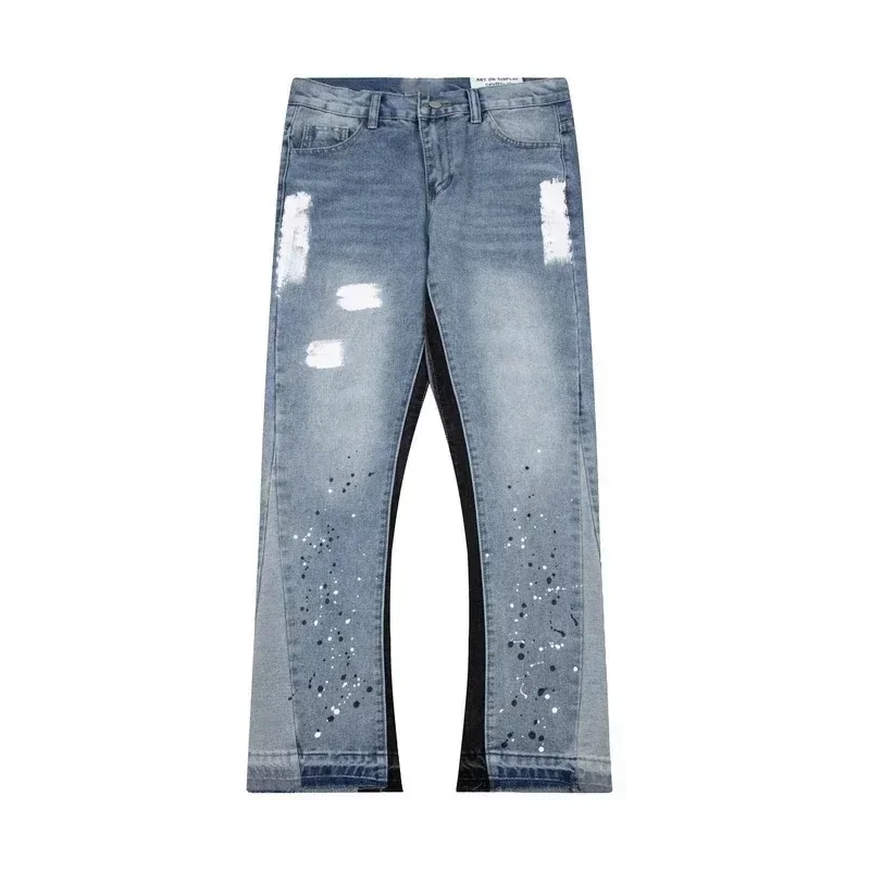 American style high street slashed ink ripped patchwork jeans men and women trendy brand straight slim micro flared trousers