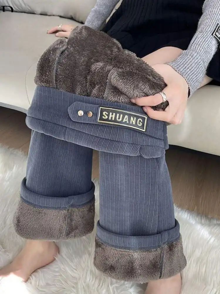 

Extra Thick Fleece Lined Large Size Corduroy Wide Leg Women's Autumn Winter High Waist Straight Leg Bell Bottoms Casual Trousers