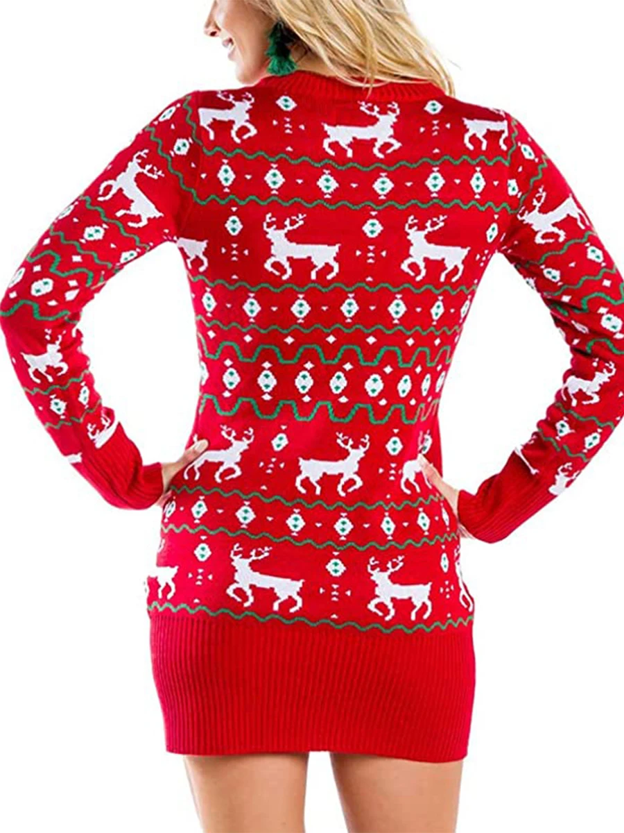 Women s Funny Christmas Sweater Dress Cartoon Print Knitwear Long Sleeve Round Neck Pullover Holiday Sweater