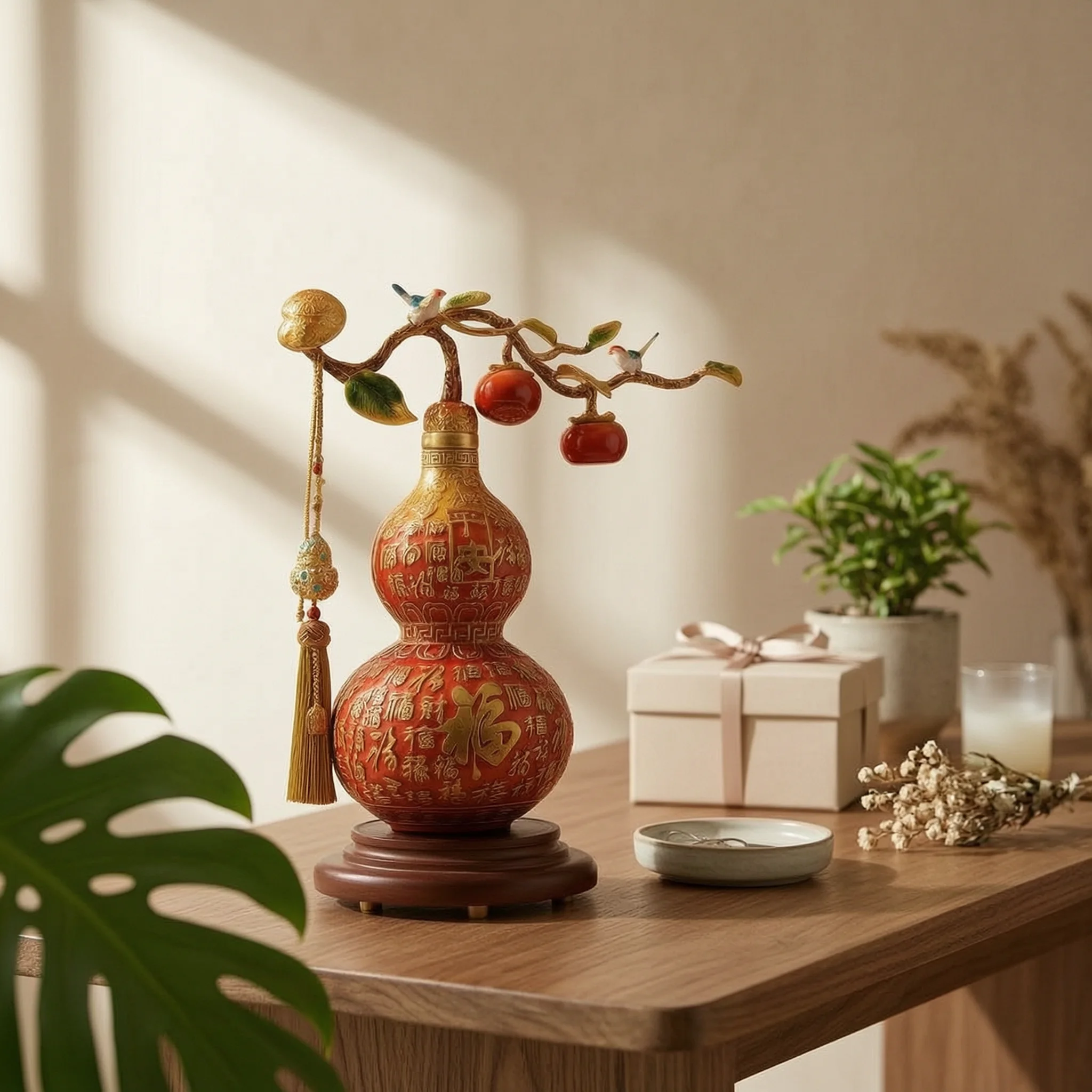 

Double Gourd Ornament Patterned Fu Symbol Ornament Chinese Gourd Decor Feng Shui Decorative Item Easy to Clean