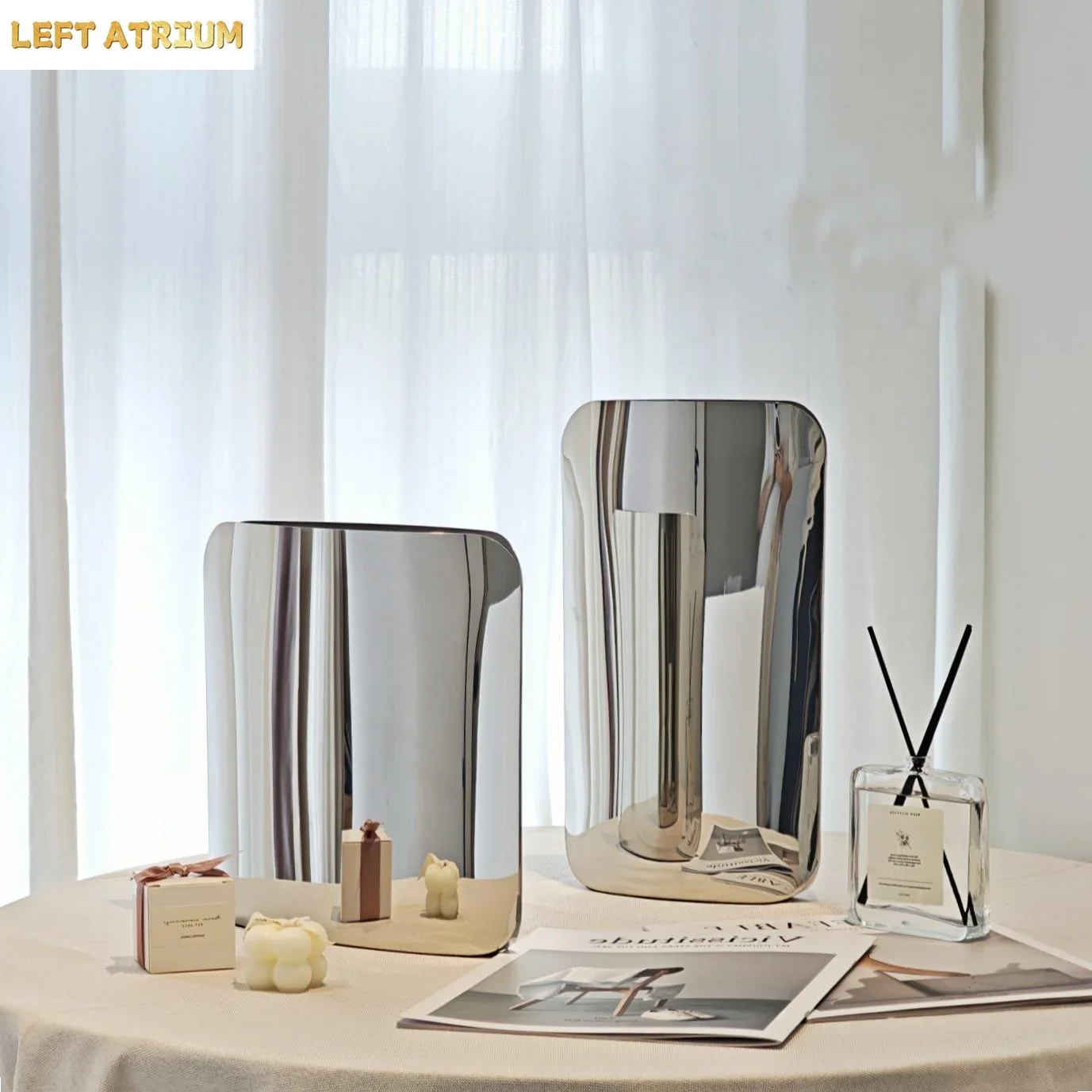 Silver Stainless Steel Mirror-faced Geometric Decorative Vase Flower Vase Flower Pot Flower Arrangement Accessories Vases