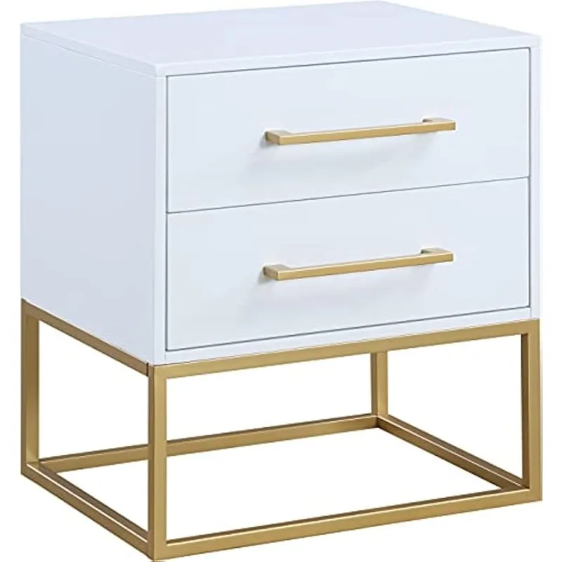 Maxine Collection Nightstand in Rich White Finish with Brushed Gold Metal Legs and Handles, 22