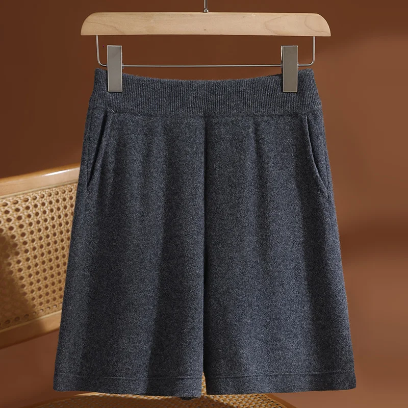ADDONEE Women 100% Wool Knitted Short Pants Pocket Thick Basic Wool Pants Autumn Winter New Fashion Wool Knitwear Trousers