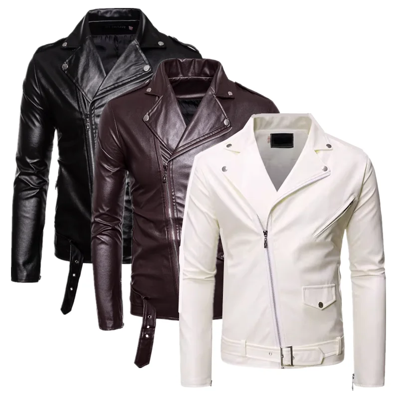 

Pure Color Men Long Sleeved Leather Jacket Black / White Fashion Men's Diagonal Zipper Business Casual Jacket