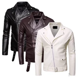 Pure Color Men Long Sleeved Leather Jacket Black / White Fashion Male Diagonal Zipper Business Casual Jacket