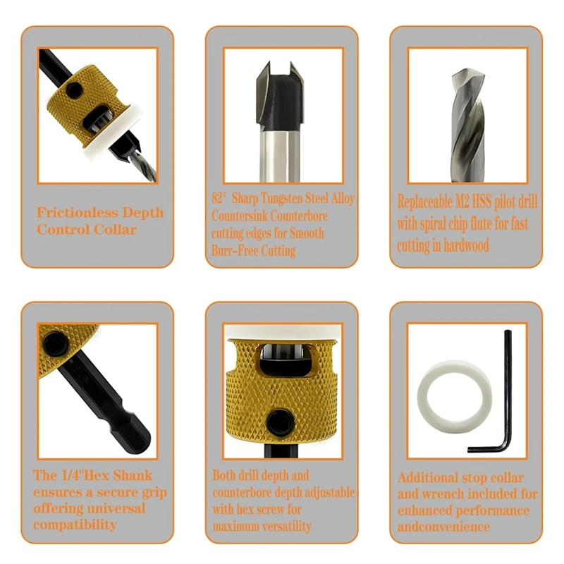 مجموعة لقمة مثقاب غاطسة عرقوب من ABPP-Hex، 1/8 بوصة 9/64 بوصة 5/32 بوصة لقمة ثقب غاطسة للأعمال الخشبية + توقف عمق قابل للتعديل