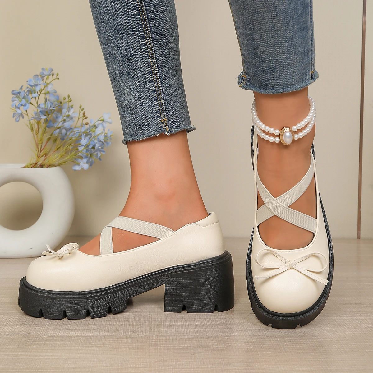 Women's Cross Strap Design Platform Shoes Spring Autumn Round Bow Decorative Non-slip Wear-resistant High-heeled Mary Jane Shoes view 5
