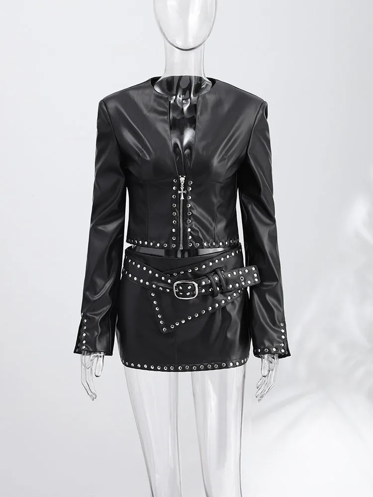 Tief Ausgeschnittene Metallische Kunstleder-Jacken Mini-Rock-Anzüge für Damen Sexy Langarm Reißverschluss Crop-Jacken Etuikleider Schicke Damen-Outfits – Detail 4