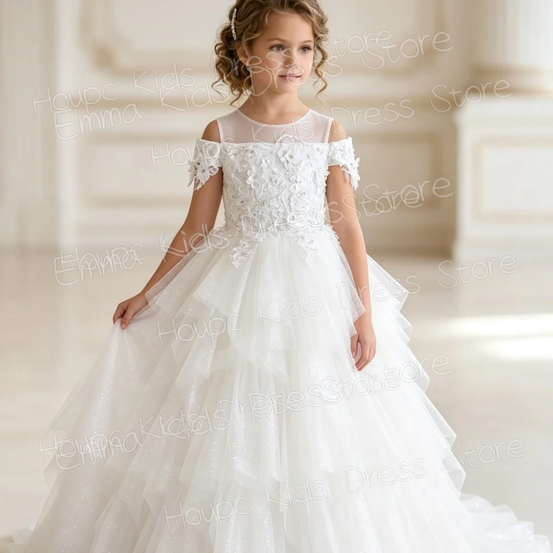 Custom White Flower Girl Dress for First Communion, Off-Shoulder Lace Applique Tulle Ball Gown, Customizable Kids Wedding Party