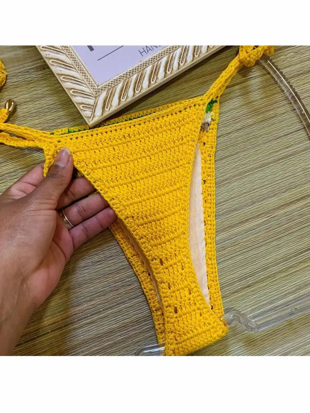 Ensembles de bikini au crochet en tissu pour femmes, maillot de bain sexy, haut réglable, maillots de bain à lacets, rose et jaune, vêtements de plage Boho, 2022