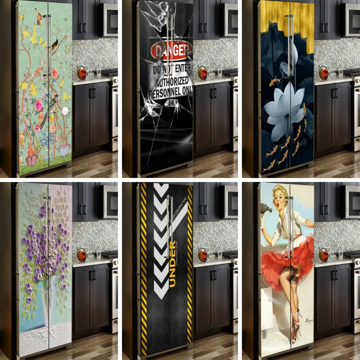 Hand Drawn Bird Flowers Refrigerator Wrap Decal Art Self Stick Vinyl Black Broken Text Mural Sticker Peel and Stick Removable