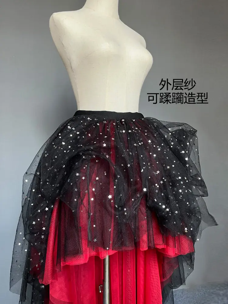 Original New Spring Summer Short Front Long Back Women's Puffy Skirt Shiny 5-layer Irregular Mid-long Elastic Waist Fairy Skirts