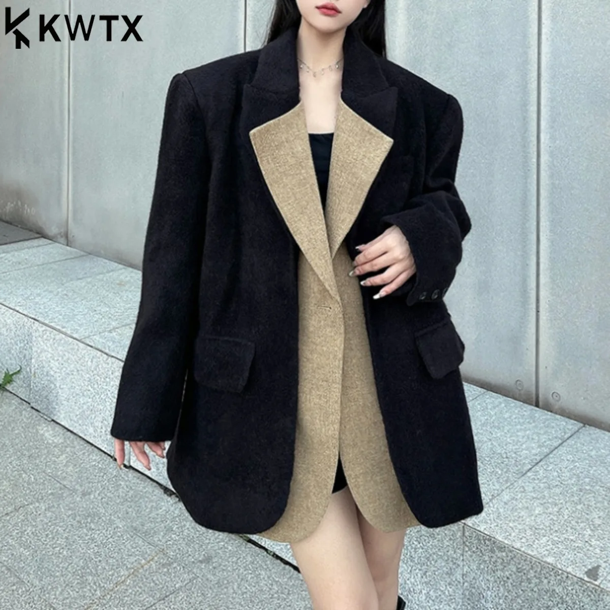 

KWTX 2025 женский осенне-зимний твидовый пиджак, женский лоскутный воротник на одной пуговице, средней длины, офисное повседневное пальто высокого качества