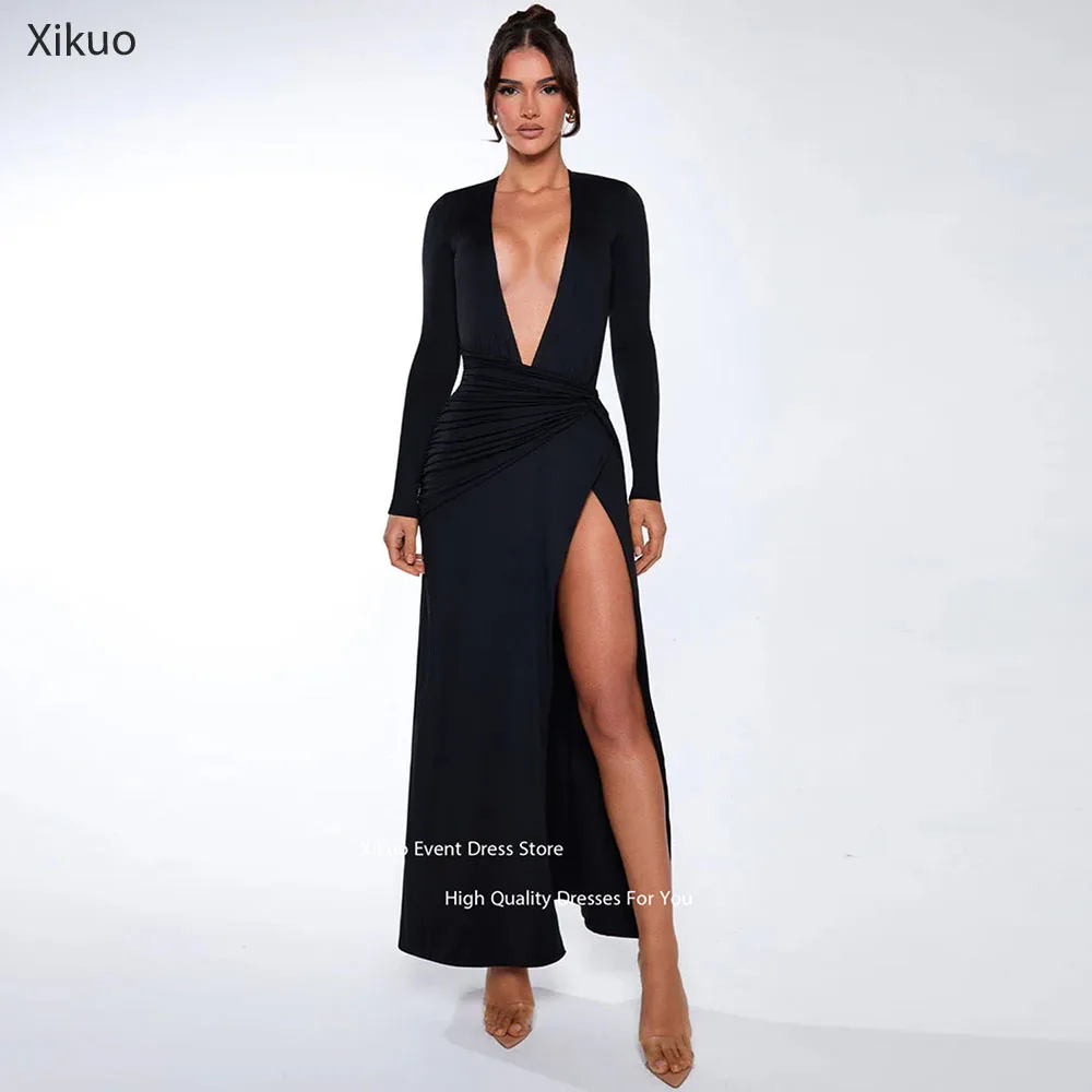 

Xikuo Deep V Neck Evening Dresses Black High Slit Celebrity Dresses Ruched Ankle Length Abiti Da Cerimonia Donna Customized