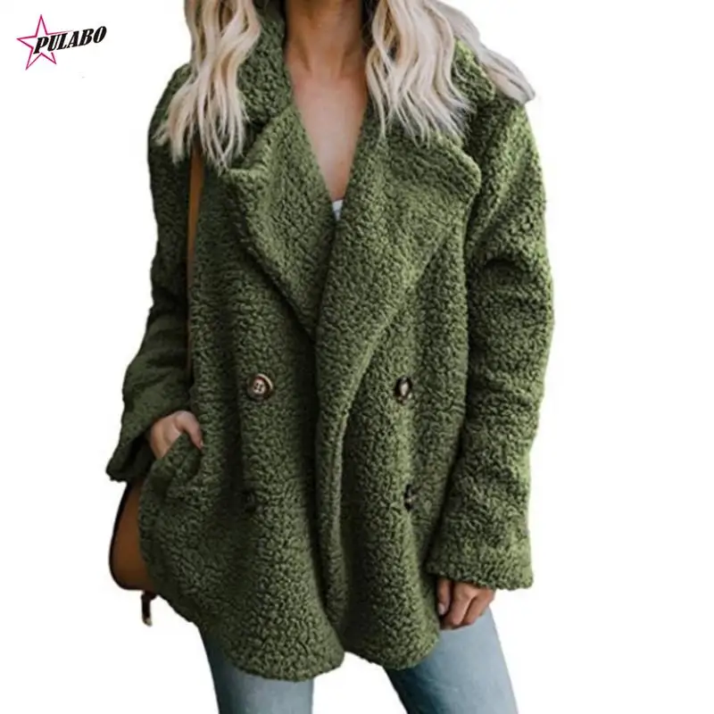 PULABO Faux Fur Coat Women Warm Outwear Plush Notch Collar Women Winter Coat Loose Trench Pure Color