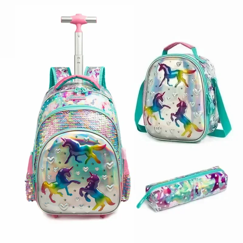 Children\'s School Backpack with Wheels School Bag for Elementary Student Girls Sequin Backpack Travel Luggage Trolley Bags