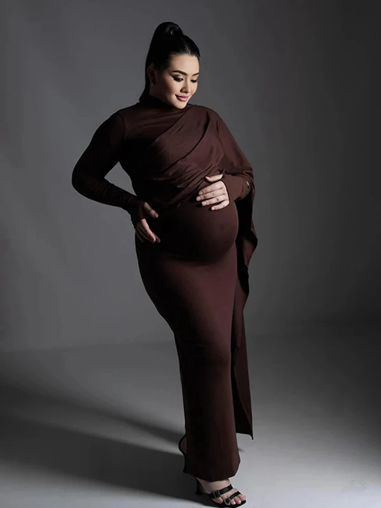 Maternity Turtleneck Wrap Split Long Dress Pregnancy Photoshoot Gown Deep Brown Maternity Photography Costume Baby Shower Outfit