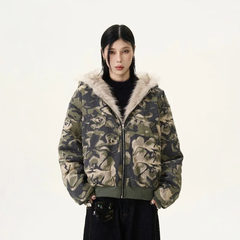 

Толстая хлопковая куртка с капюшоном в американском стиле, мужская зимняя новая стильная камуфляжная куртка в стиле ретро, красивые свободные повседневные парки с рюшами