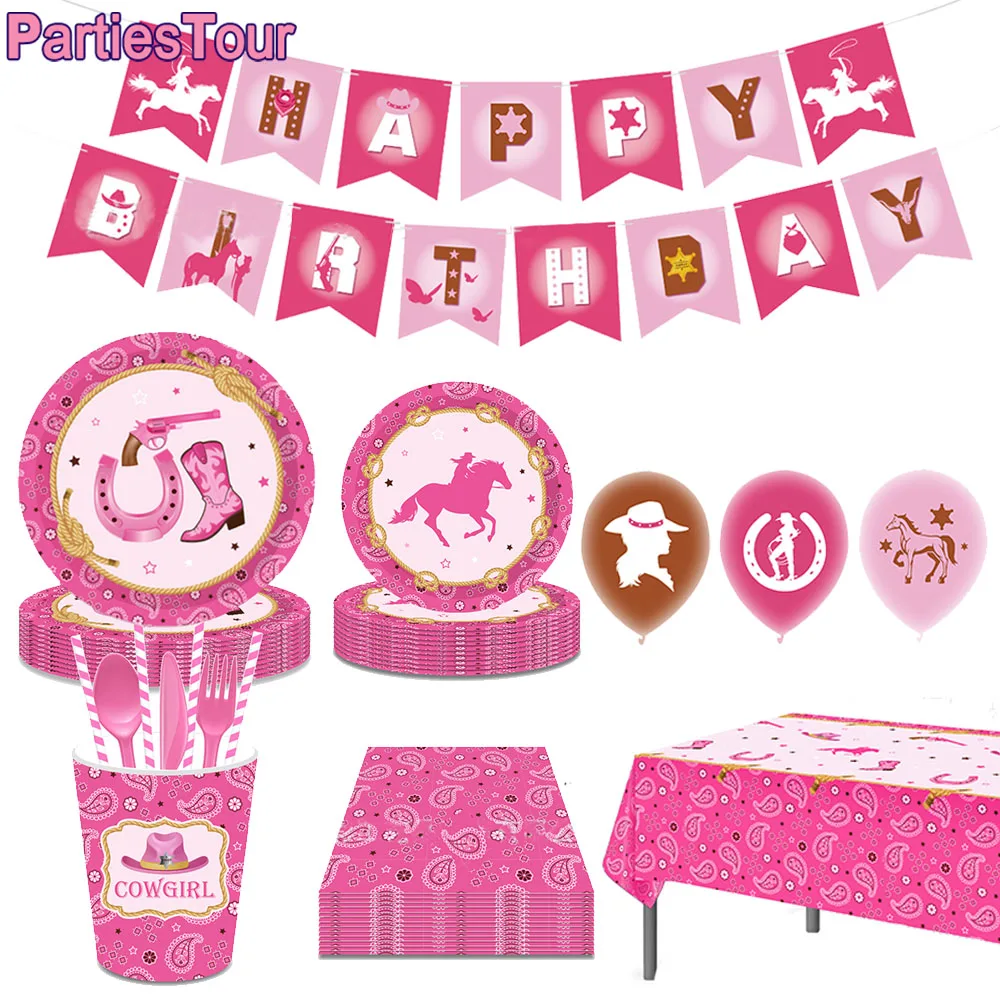 

Western Cowboy Theme Birthday Party Decorations Pink Cowgirl Disposable tableware Party Banner Gender Revealed Party Supplies