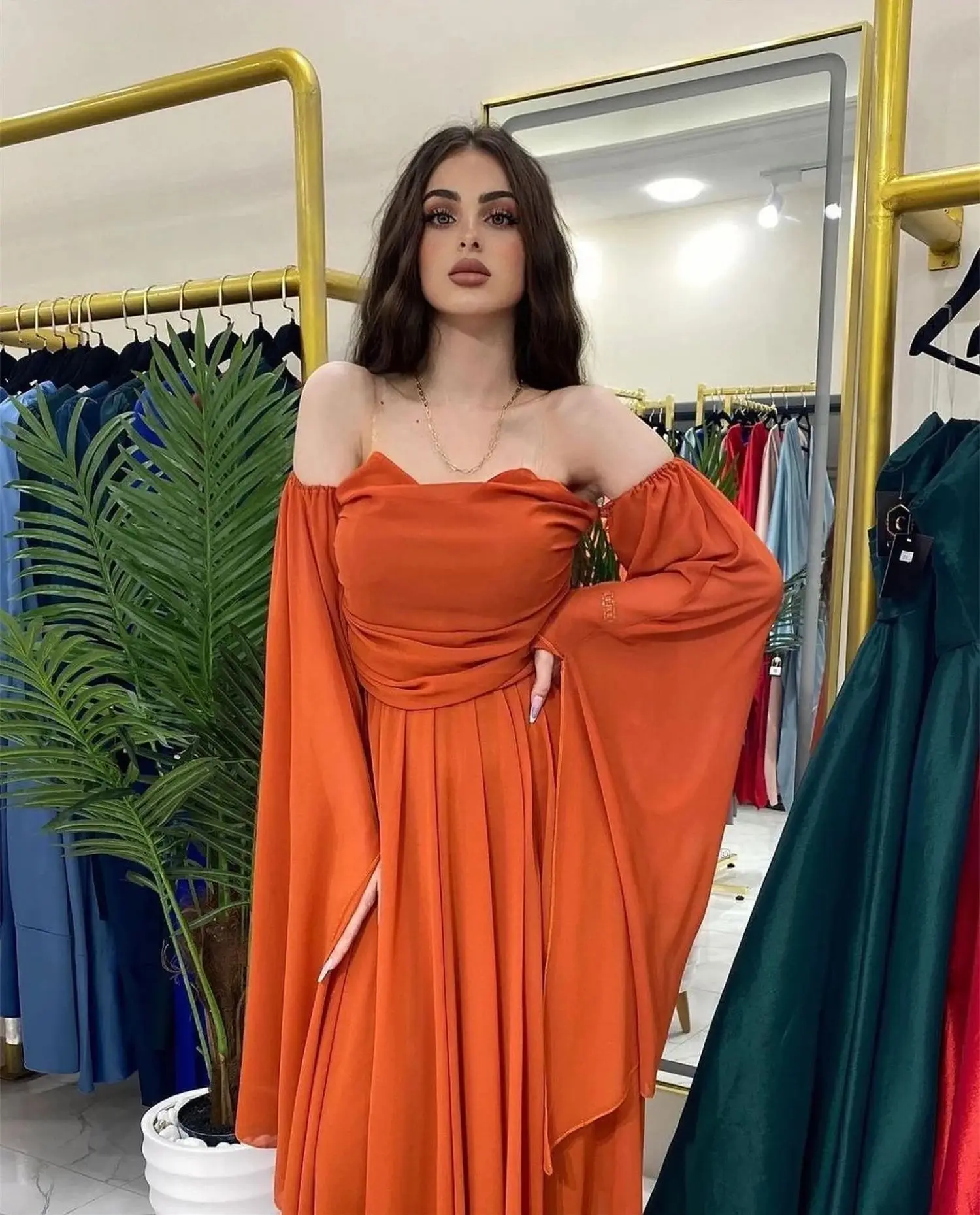 Lucy-vestidos de graduación con hombros descubiertos para mujer, ropa de noche de lujo, Color naranja, Vestido largo de dama de honor, línea A, 2024