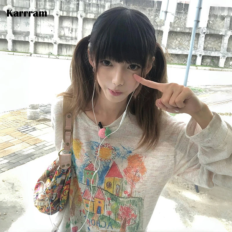Karrram Japanese Y2k Graffiti Print Knitted T-shirt 2000s Style Long Sleeve Thin T Shirt Vintage Harajuku Lazy Style Streetwear