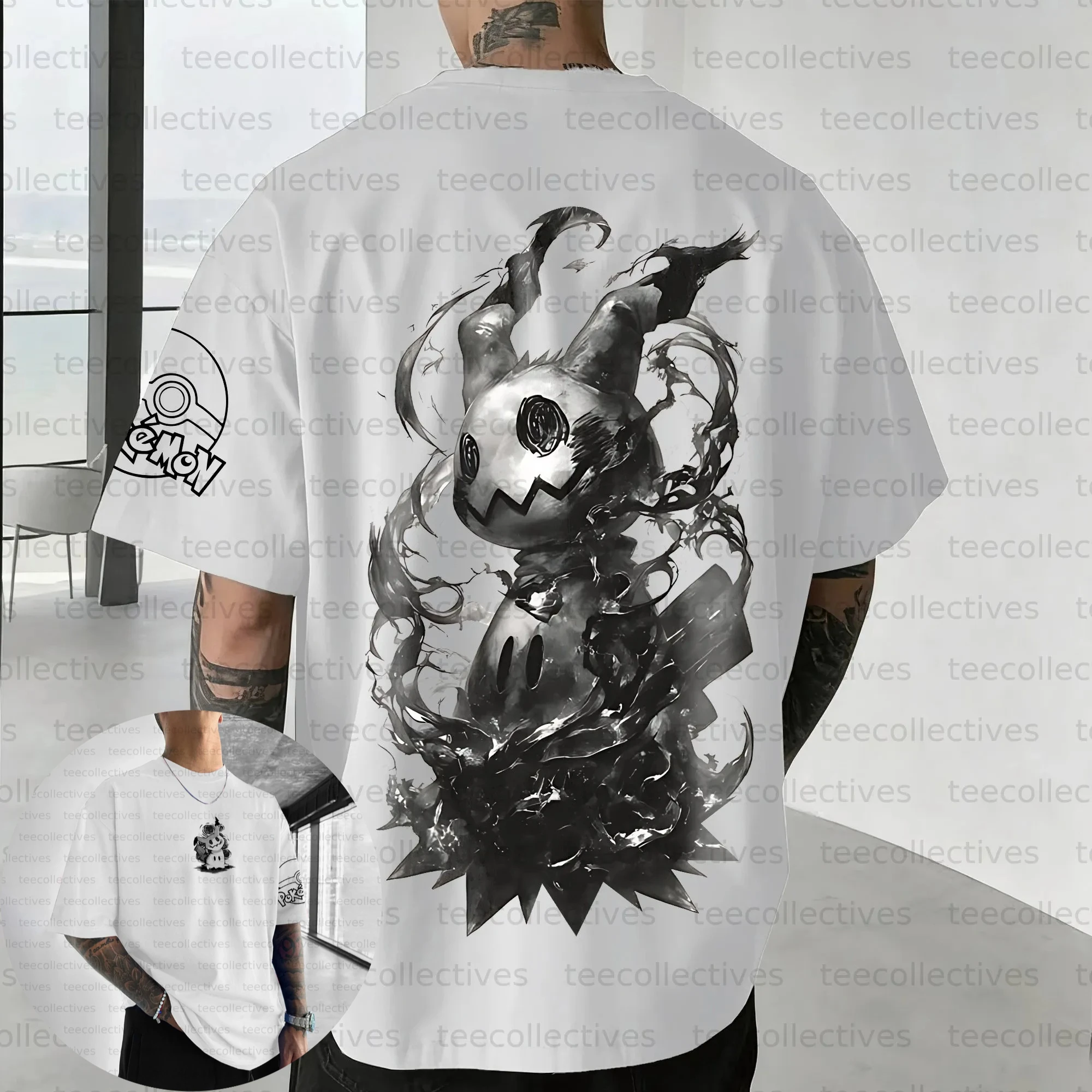 pokemon-t-camisa-masculina-algodao-manga-curta-topos-2025-verao-anime-grafico-t-base-branca-tipo-fantasma-personagem-peito-impressao-pokemon