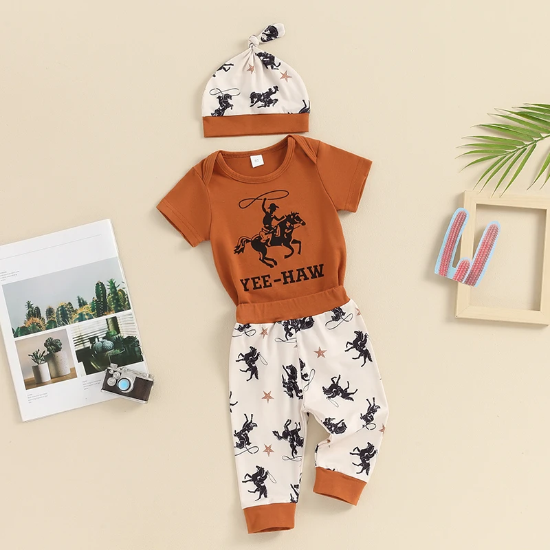 

Newborn Baby Summer Clothes Boy Letter Print Short Sleeve Romper Long Pants Knot Hat Infant Outfits 3Piece Set