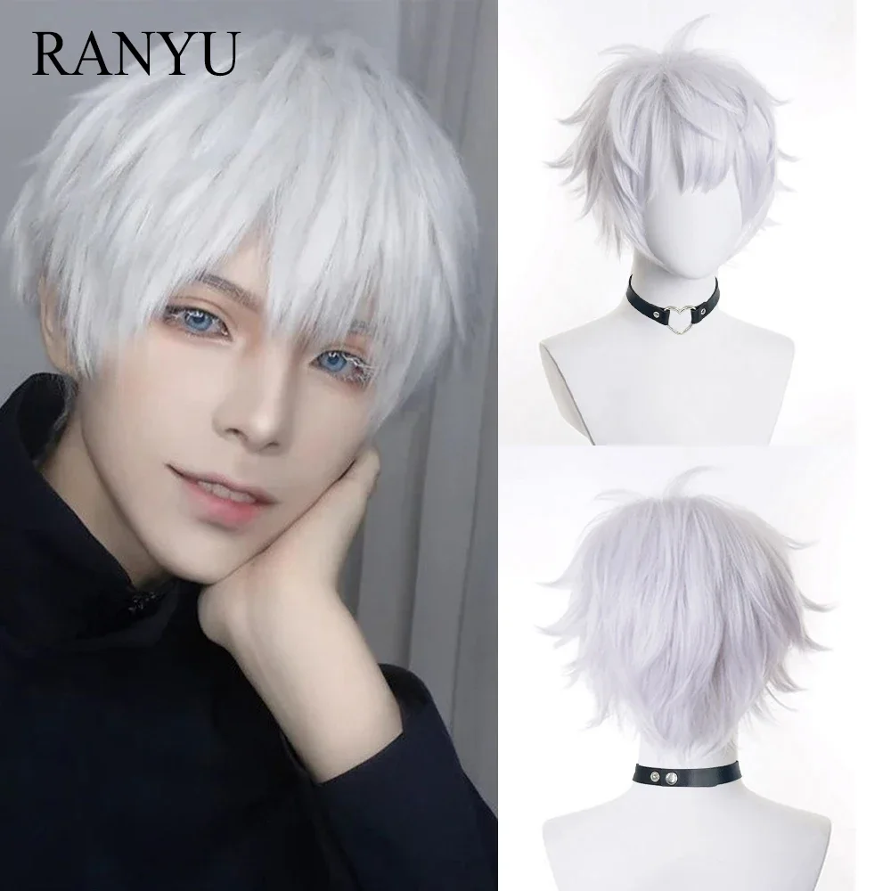 

RANYU White Black Blonde Synthetic Men Short Straight Wig Anime Cosplay Hair Heat Resistant Wigs For Daily Party