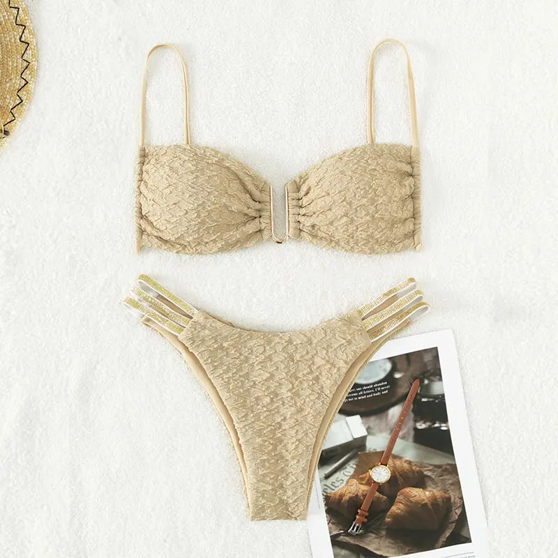 

Swimsuit Women Double Shoulder backless separates Bikini Solid Color Sexy High Waist Swimwearbikini