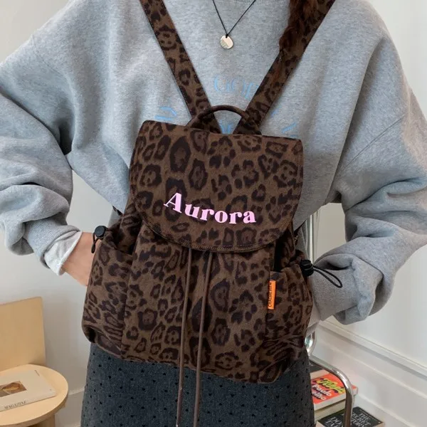Women Leopard Print Drawstring Flap Backpack Casual Large Capacity Travel School Lightweight Shoulder Daypack Bag