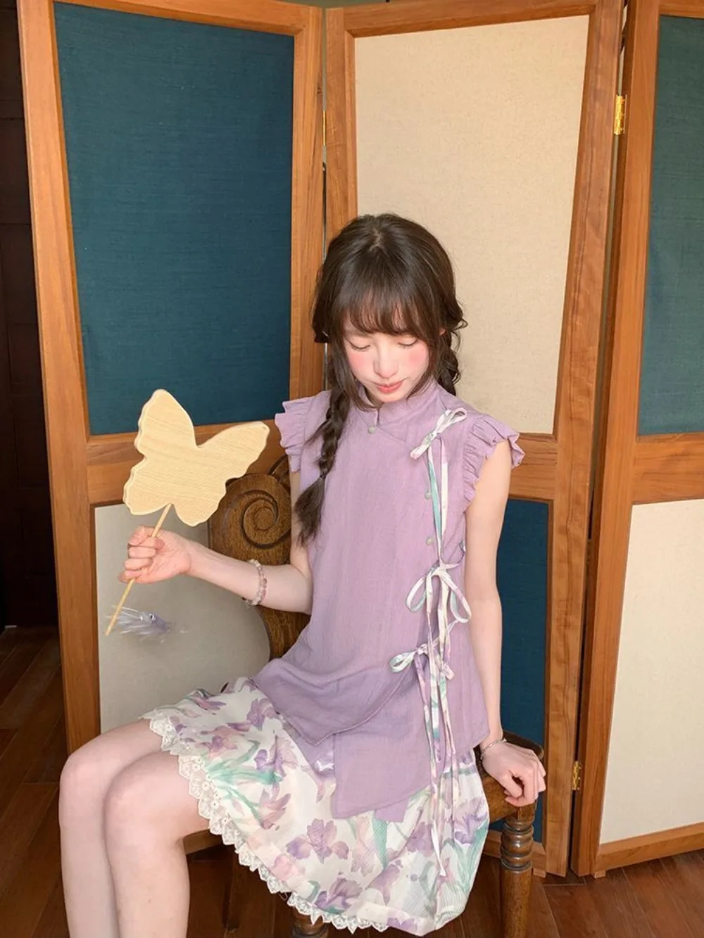 

Lilac Chinese Style Blouse Set Women Bow Detail Short Sleeve Top Floral Lace Skirt Two Piece Outfit Modern Cheongsam
