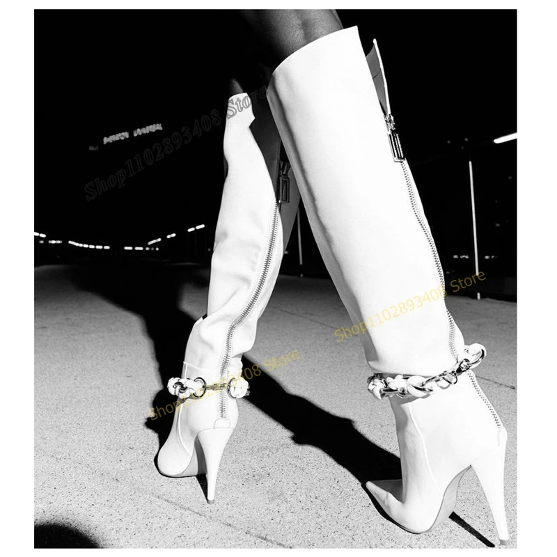 White Metal Chain Decor Over the Knee Boots Cone Heel Pointed Toe Design Women Shoes 2023 New Fashion Sexy Zapatos Para Mujere