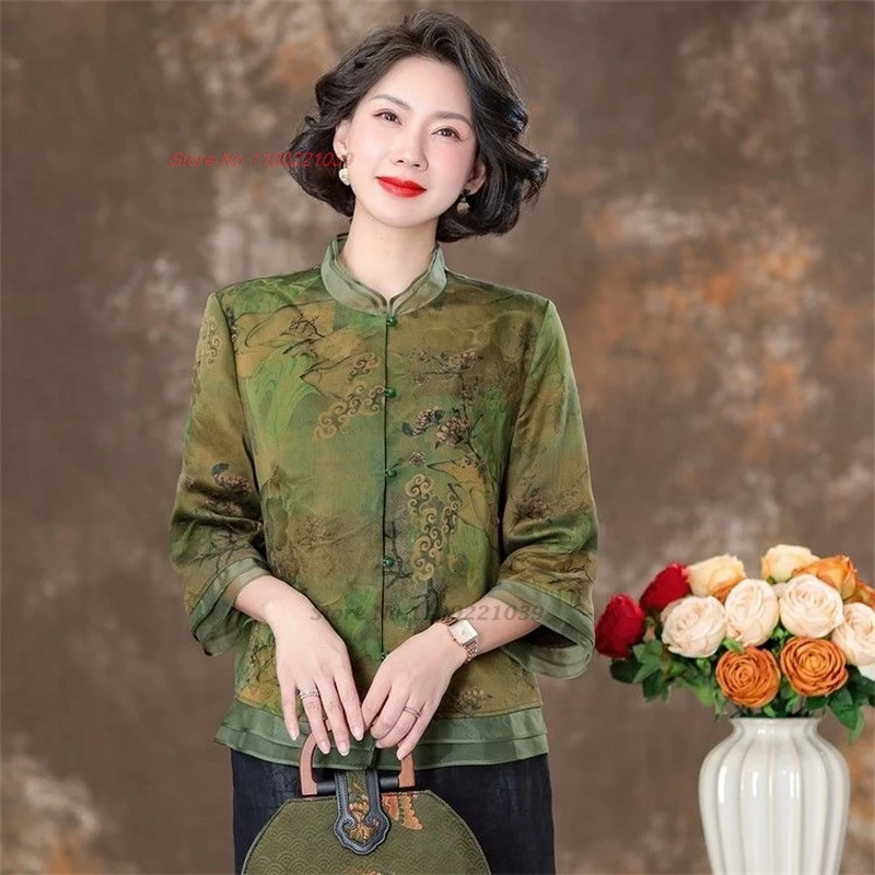 2024 traditional chinese hanfu blouse national flower print satin blouse vintage lace blouse oriental tang suit ethnic blouse