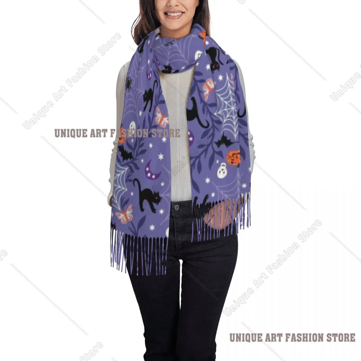 Custom Printed Halloween Black Cat Spider Scarf Women Men Winter Warm Scarves Gothic Witch Shawl Wrap