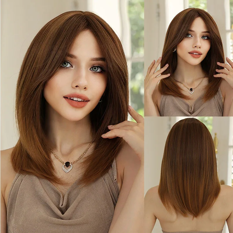 

Коричневый парик медового оттенка, короткие прямые волосы с восьмисекционной челкой для европейских и американских женщин, многослойная стрижка, машинное производство, полный парик из синтетического волокна.