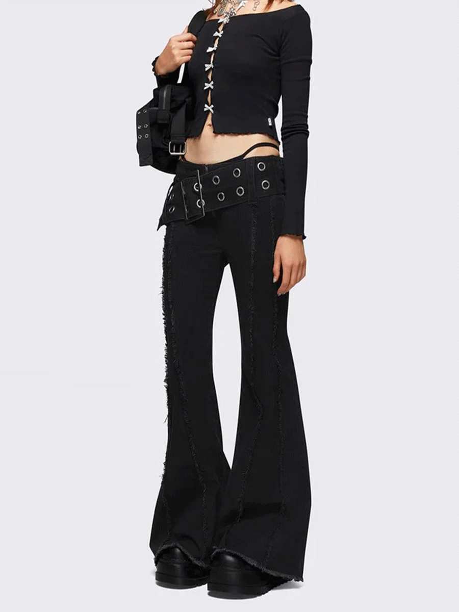 

Женские черные классические эластичные узкие расклешенные джинсы с меховым краем и пряжкой на шнуровке, стильный повседневный дизайн