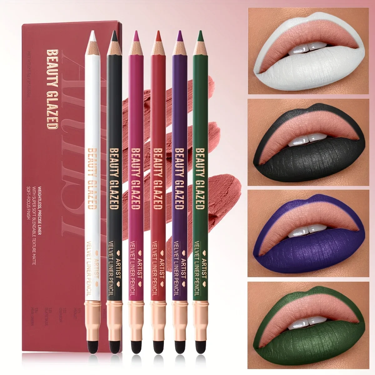 ビューティー グレーズド 6本入り マットヌードスポンジリップライナーセット 長持ちするシルキーな防水テクスチャー 多機能メイクアップペン