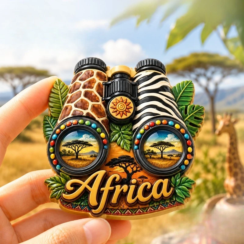 Africa Binoculars Fridge Magnet - Wild 3D Safari Souvenir Unique African Travel Gift for Nature & Wildlife Decor