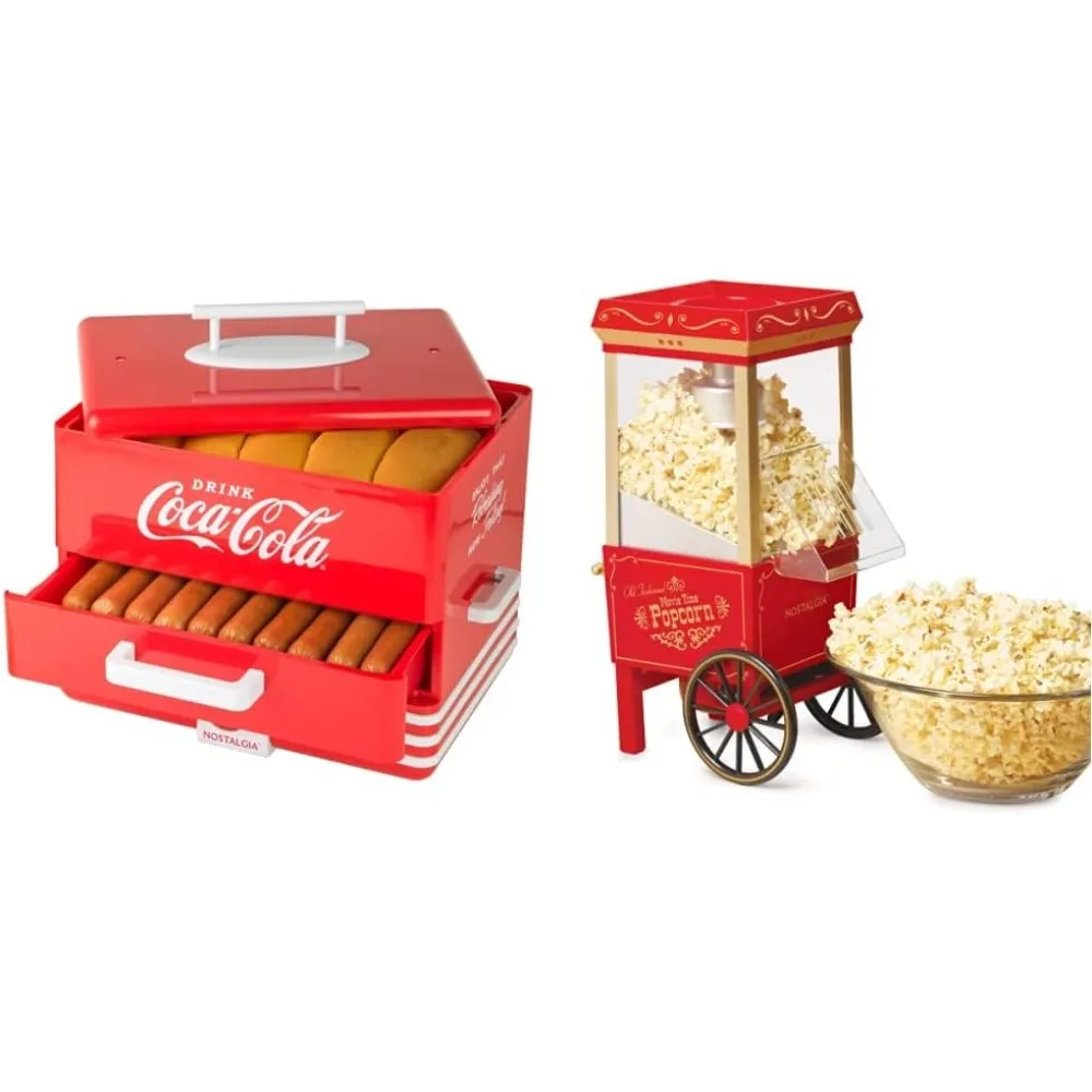 

Extra Large Diner-Style Coca-Cola Hot Dog Steamer and Bun Warmer, Red & Popcorn Maker, 12 Cups Hot Air Popcorn Machine