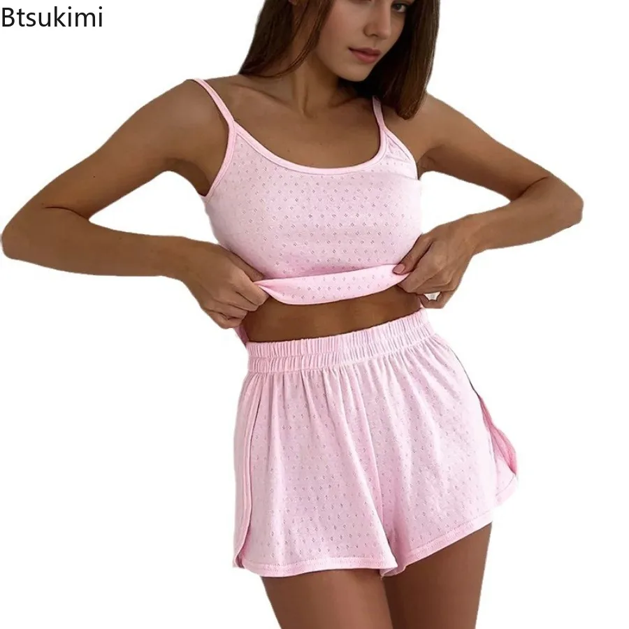 2025 Women's Summer Sexy Comfortable Home Clothes Sleepwear Casual Knitted Strap Top and Elastic Waist Shorts Solid 2 Piece Set