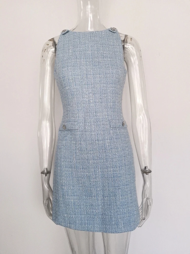 

High Quality Vintage Plaid Women Refreshing Woolen Dress 2025 New Winter O-Neck Sleeveless Slim Vest Dress Office Lady Dresses