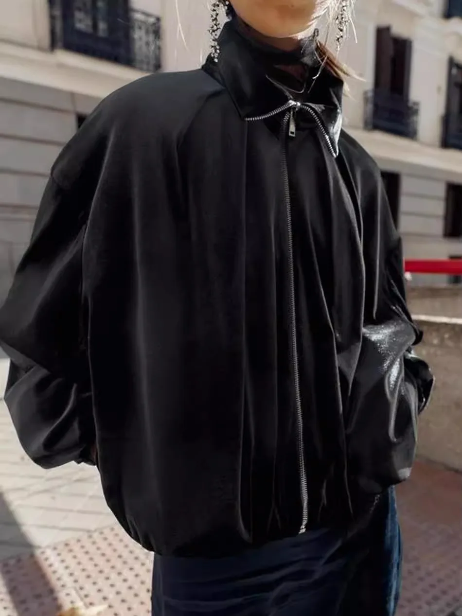 

Swan Velvet Pilot Jaet Outerwear Casual Loose Fit Zipper Closure Elastic Trim Winter Faion Women's ort Coat