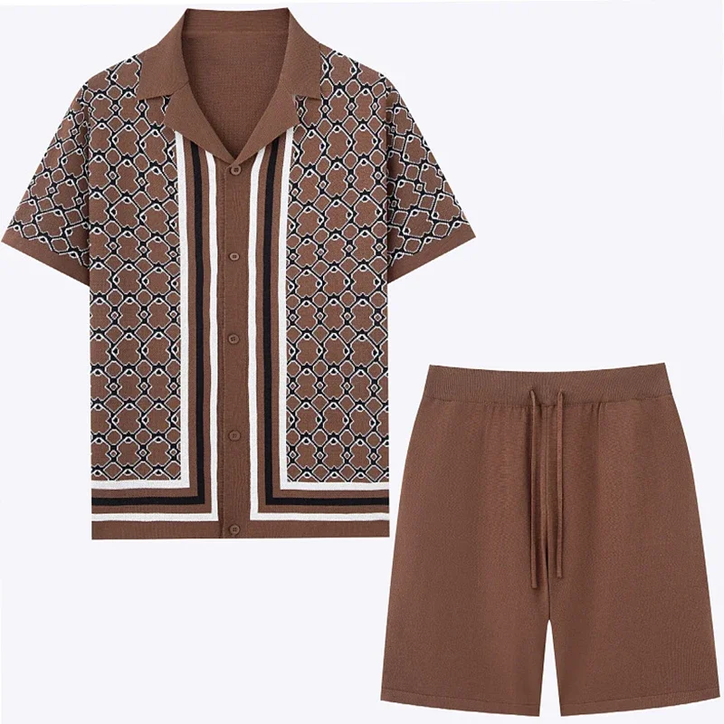 New Leisure Men Jacquard Tracksuit Fashion Knit Patchwork Short Sleeve Cardigan Tops+Shorts 2 Piece Set Summer Streetwear M-3XL