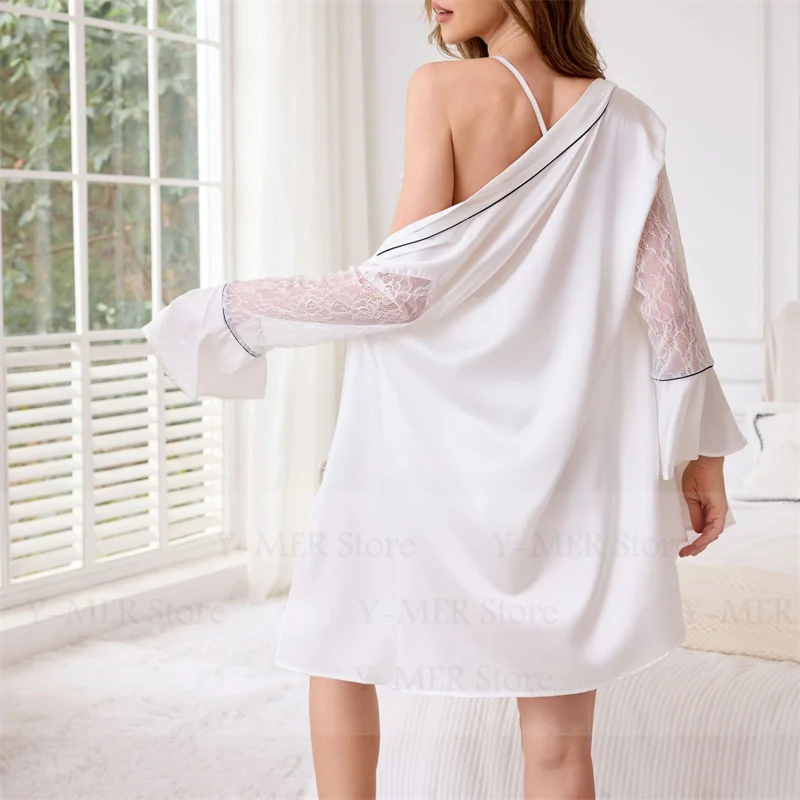 V-Neck Nightdress Robe Suit Vintage Nightgowns Women Sleepwear Sexy Ice Silk Temptation Beauty Back Suspender Nightdress