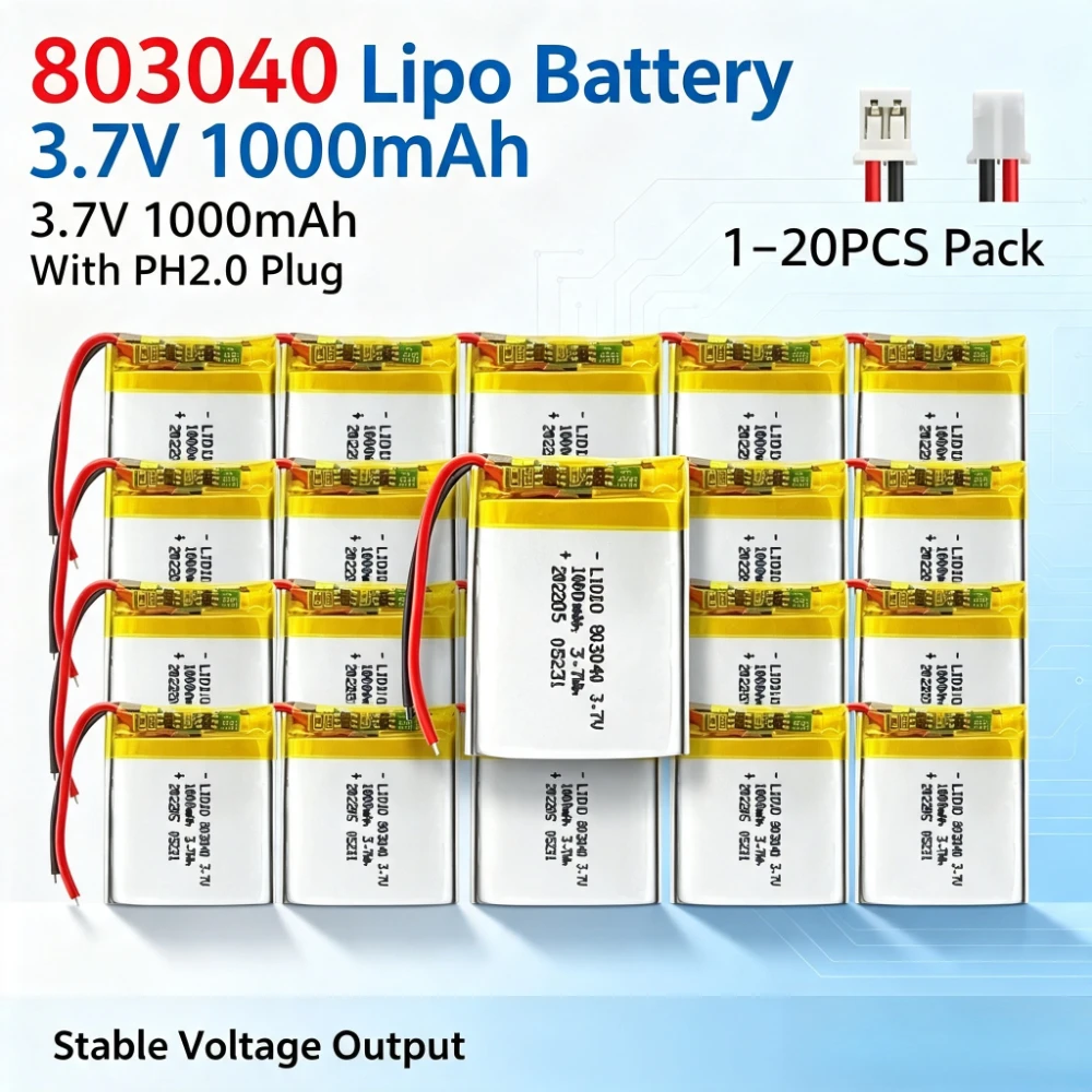 1-20PCS 803040 3.7V 1000mAh Rechargeable Li-Po With JST PH2.0 2Pin For GPS MP5 Bluetooth Headset Smart Watch POS Dash Cam