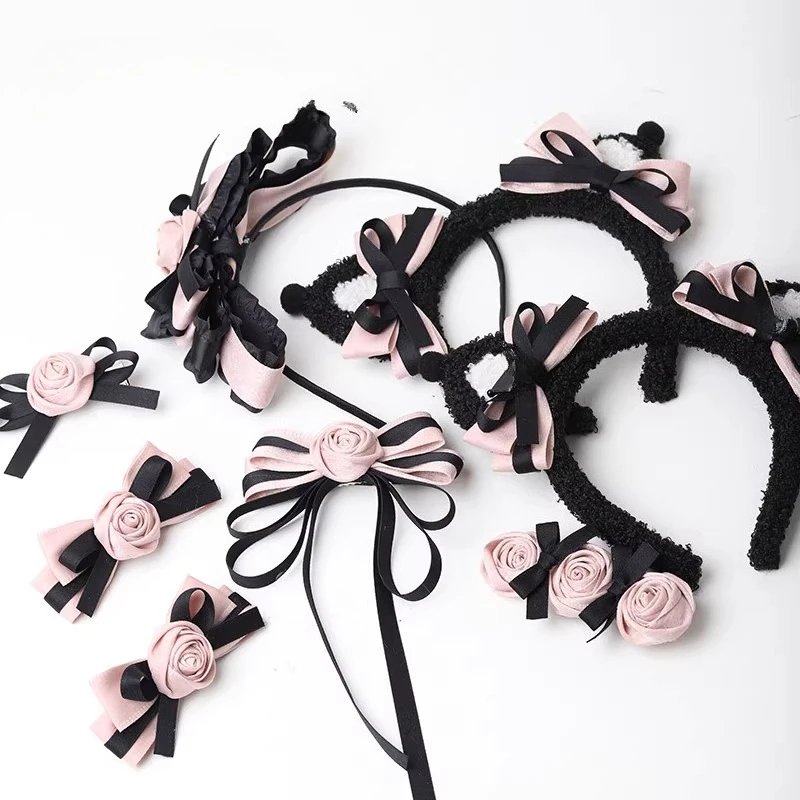 

Japanese Lolita Hair Accessories Women's Black Pink Soft Sister Sweet and Cool JK Original Design Bow Rose Hairpin Headdress