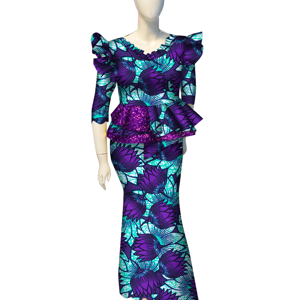 

African Skirt Sets for Women Dashiki Bazin Riche Patchwork 2 Pieces Sets Flower Ruffles African Traditional Clothing WY7149