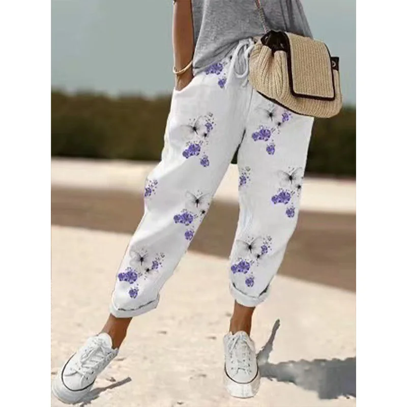 Pantalones de lino y algodón para mujer, pantalón con cordón fino, estampado de múltiples elementos, bolsillos de retazos, cintura media, holgado, informal